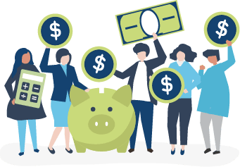 Icon of a piggy bank with people surrounding it holding money.